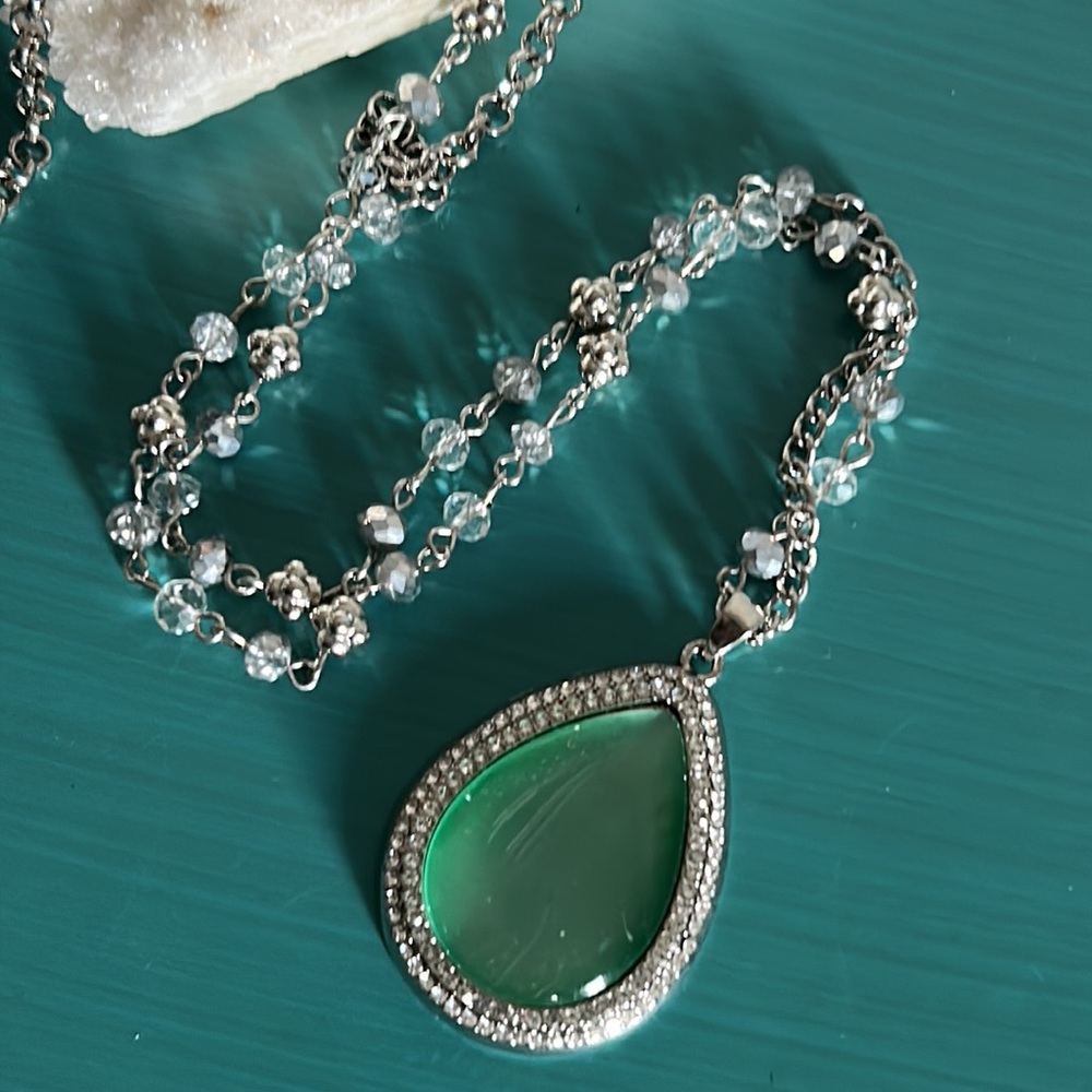 Paparazzi Fashion Green Simulated Moonstone Centerpiece Silver Tone 32” Necklace